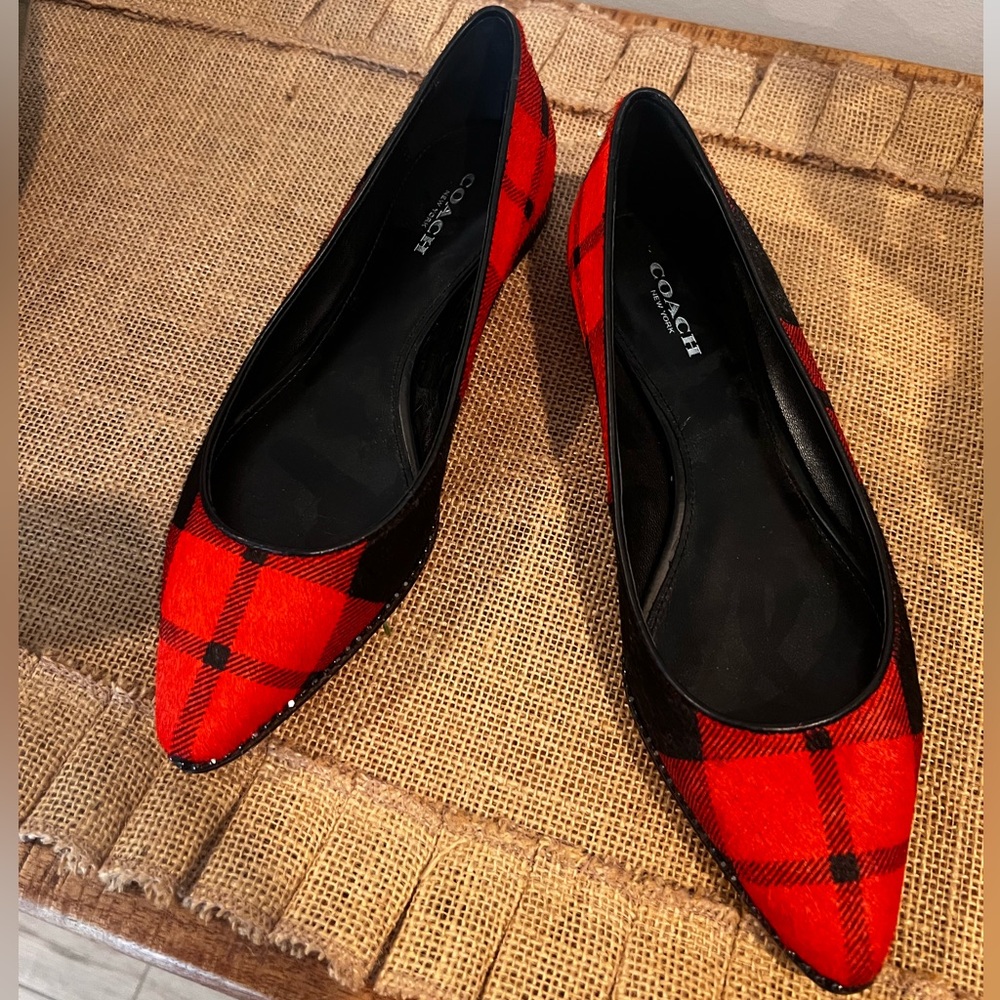 COACH Reeves Red & Black Plaid Pointed-Toe Flats